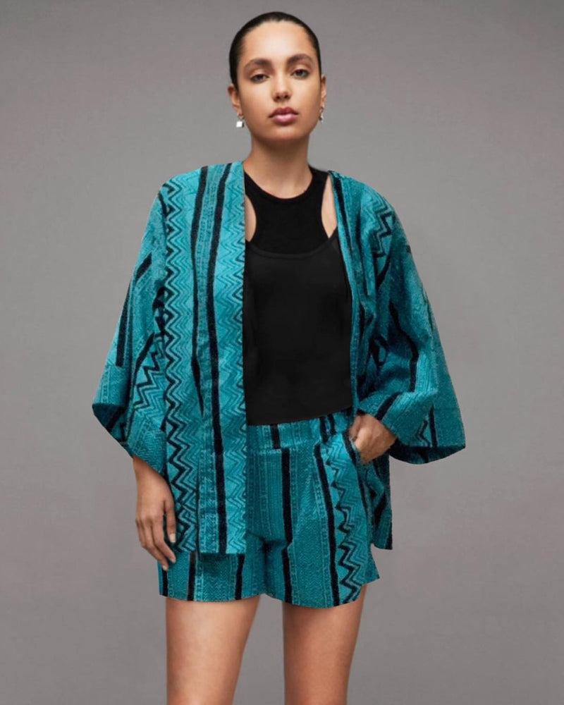 Women Green Aztec Kimono Jacket and Shorts Set