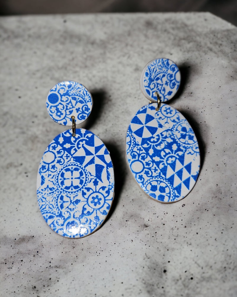 Oval Blue Tile Drop Earrings