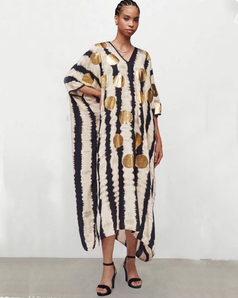 Women Gold Spot Stripe V Neck Kaftan