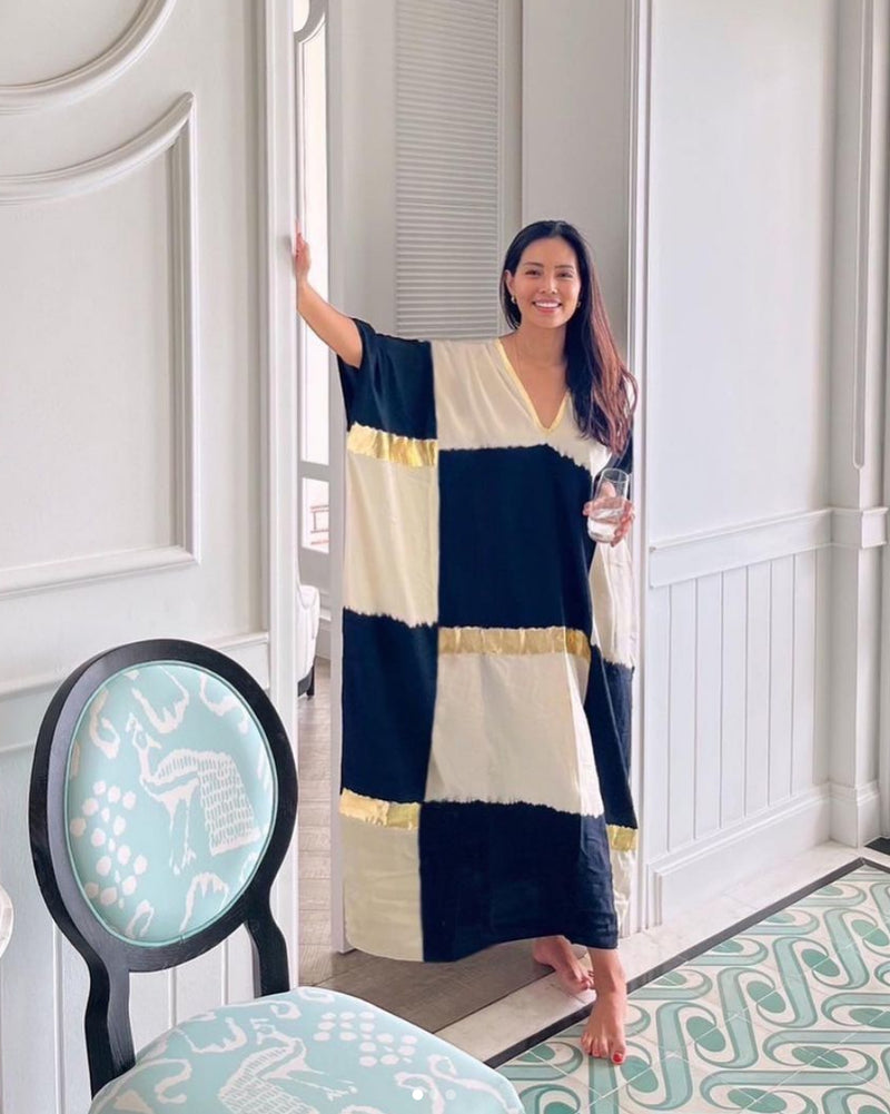 Women Gold Square Block V Neck Kaftan