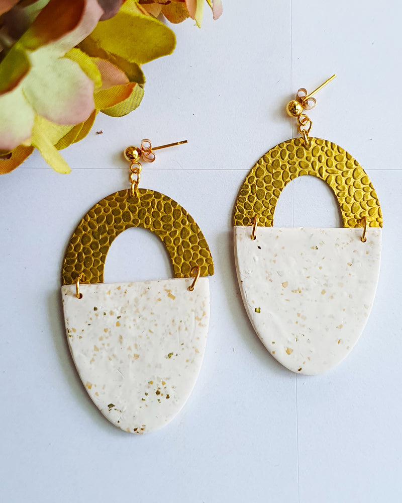 White and Gold Large Bronze Stud Earrings