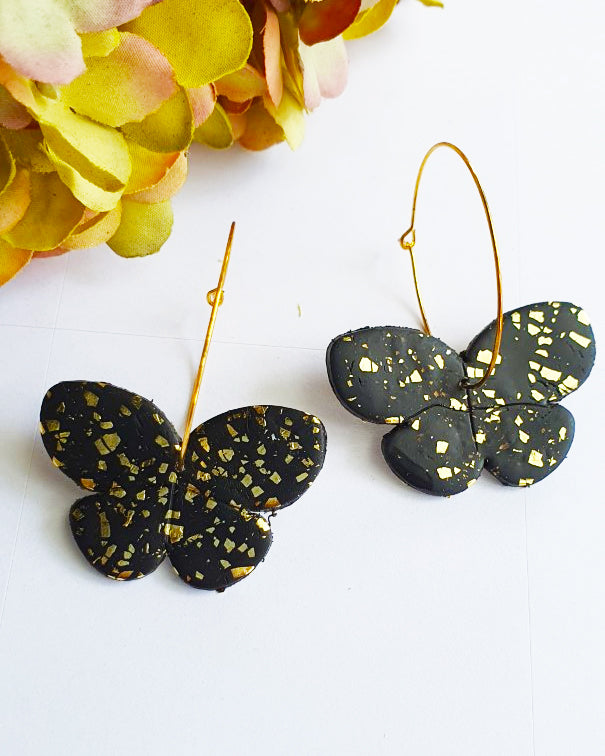 Black and Gold Butterfly Hoop Earring