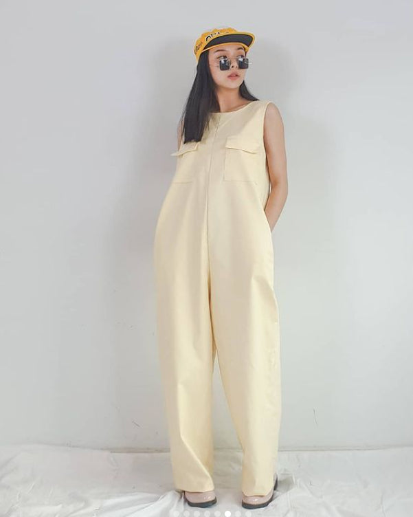 Women Sleeveless Double Breasted Yellow Jumpsuit