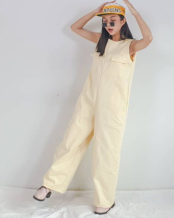 Women Sleeveless Double Breasted Yellow Jumpsuit