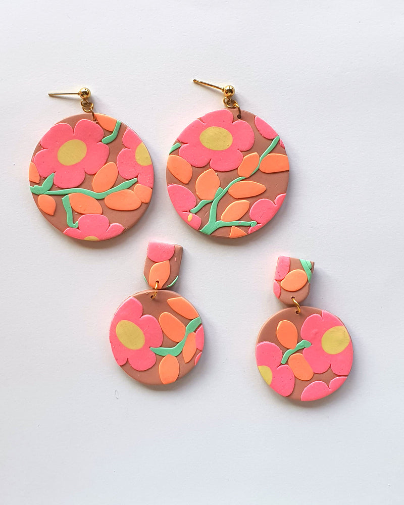 Small Circle Floral Natural Neon Drop Earrings