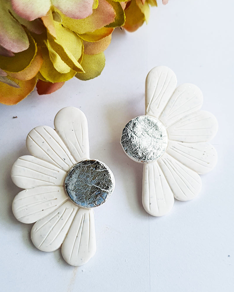 Half Flower White Stud Earrings