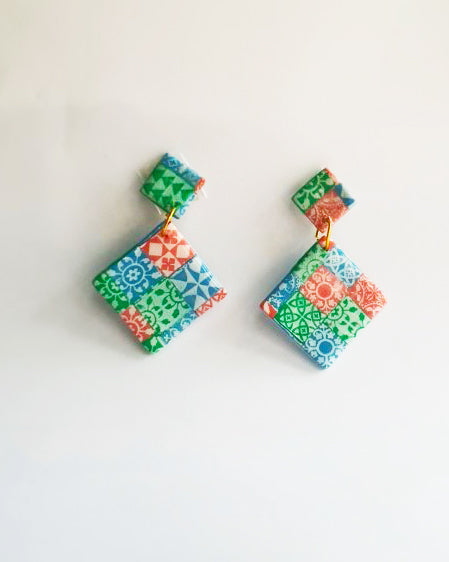 Mix Tile Square Stud Drop Earrings