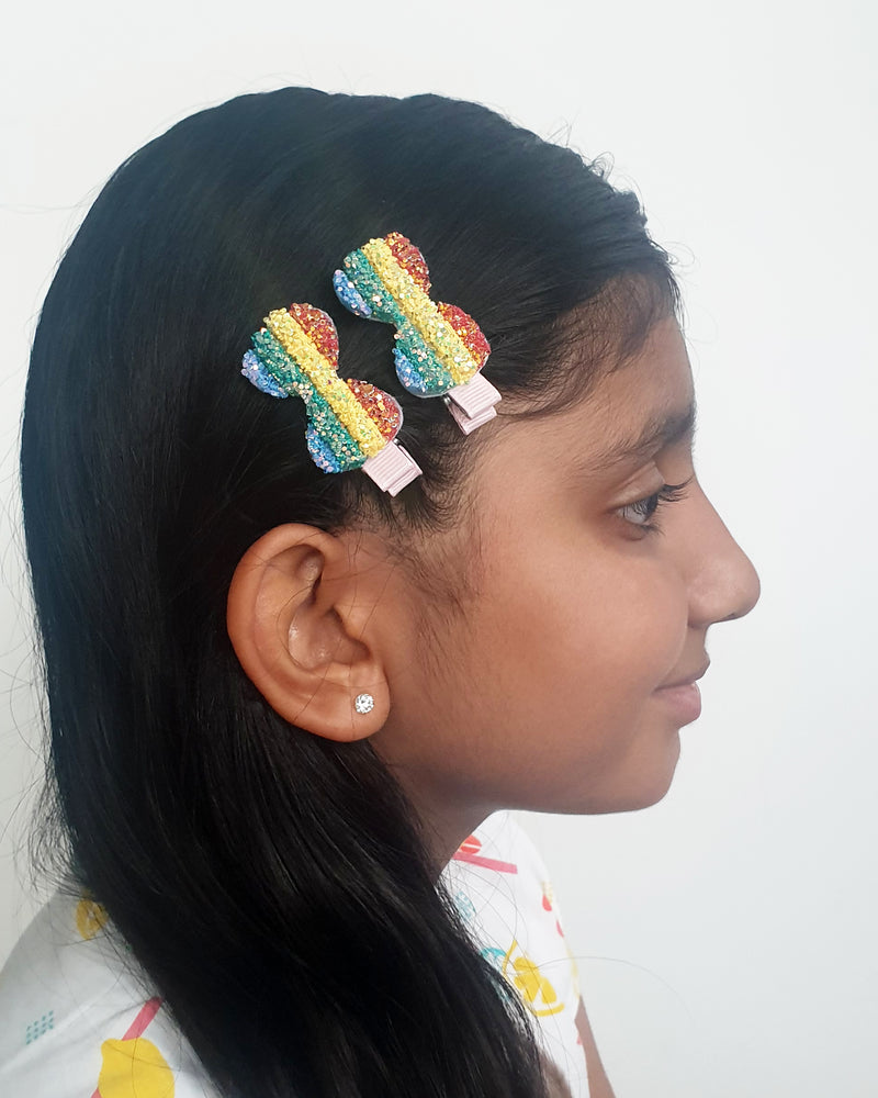Rainbow Bow Glitter Hair Clip x2 - Roses & Rhinos