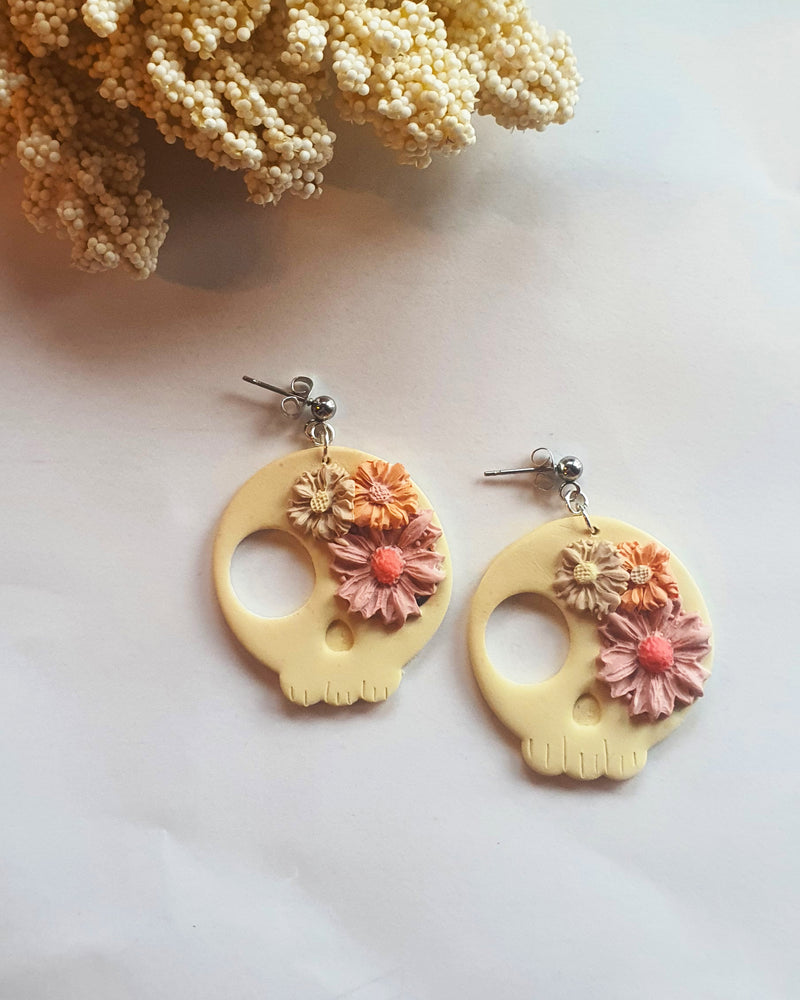 Floral Skull Yellow Stud Earrings