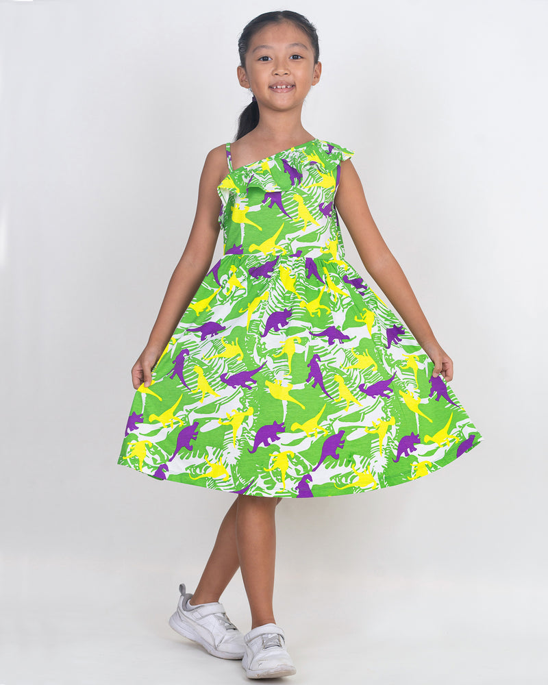 Ruffle One Shoulder Green Rex Dress