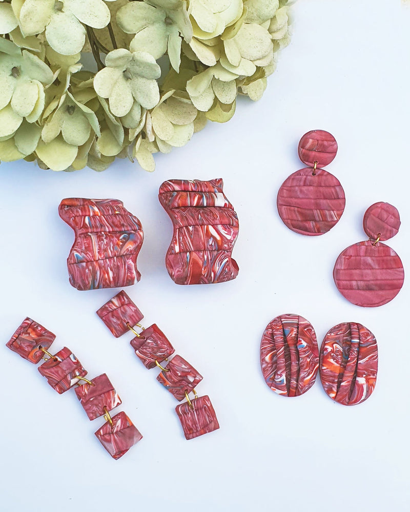 Fold Red Marble Multi Drop Earrings.