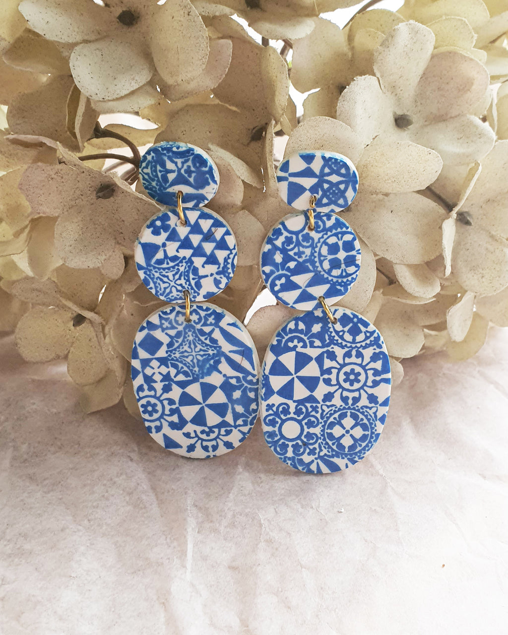 Triple Layer Blue Tile Drop Earrings